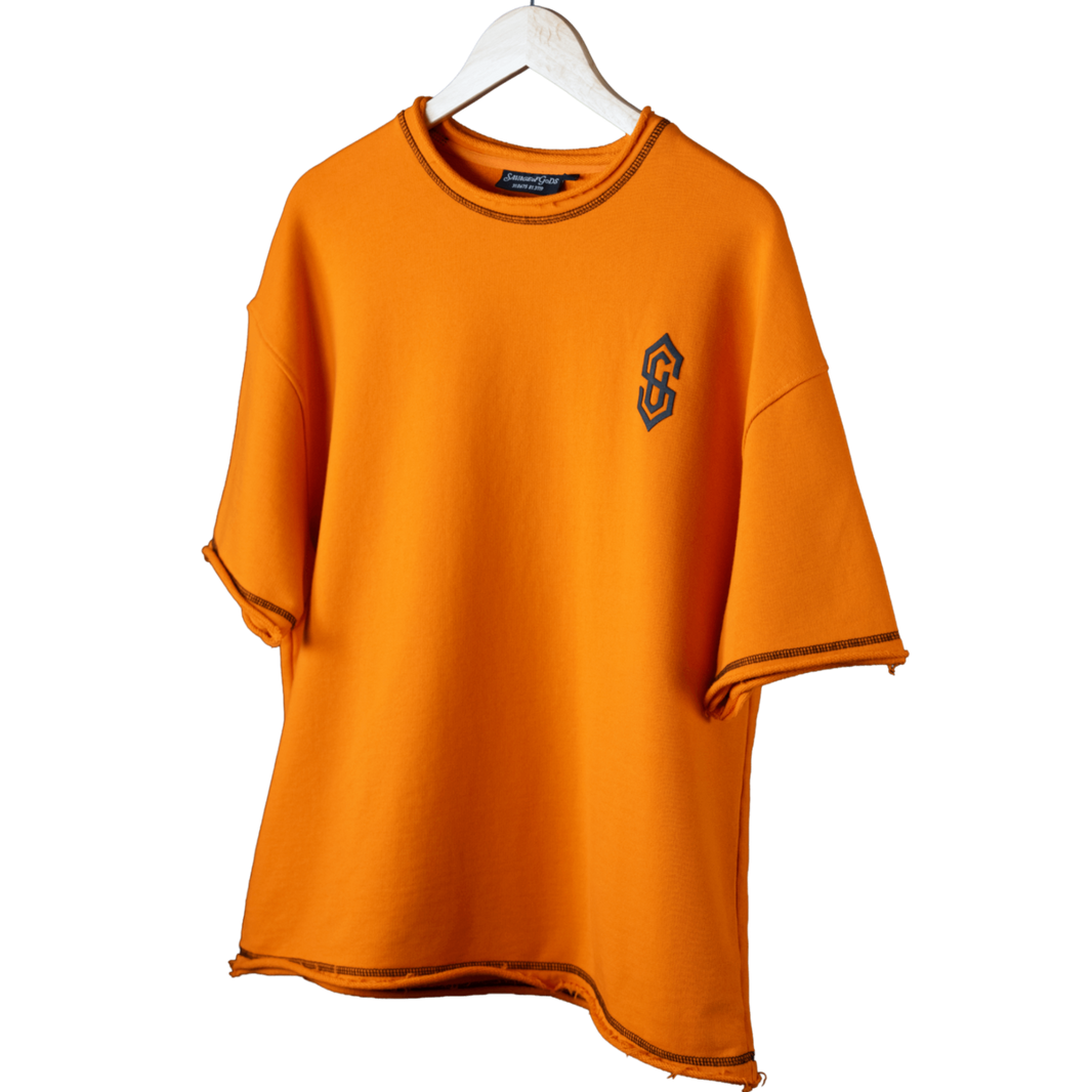 Orange sweatshirt with a logo on a white hanger against a white background